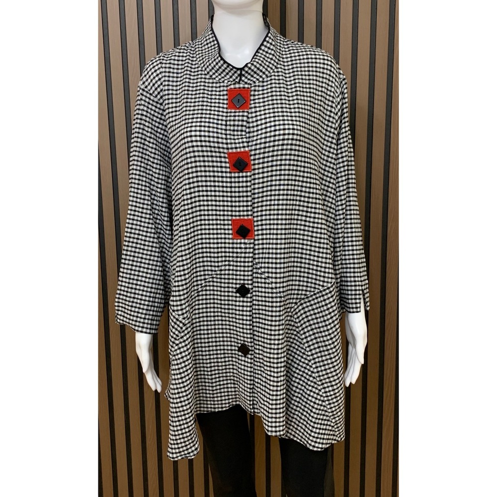 Ali Miles 2X Black White Gingham Tunic Top Red Button Seersucker Lagenlook